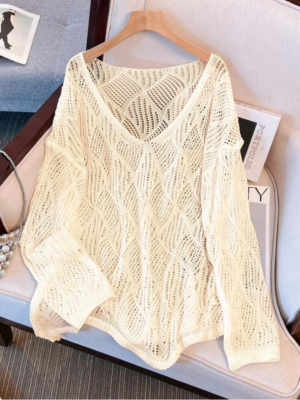 Light Cream Open-Knit V-Neck Women's Sweater